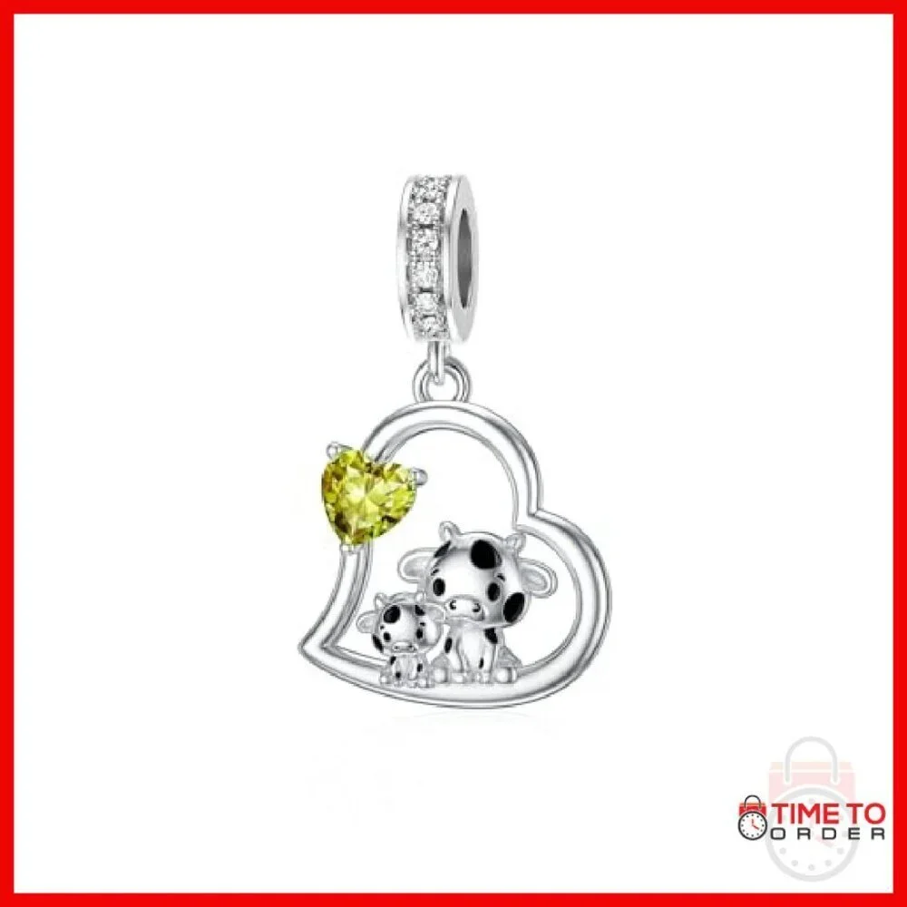 Sterling Silver Cow Charm Birthstone Pendant for Bracelets
